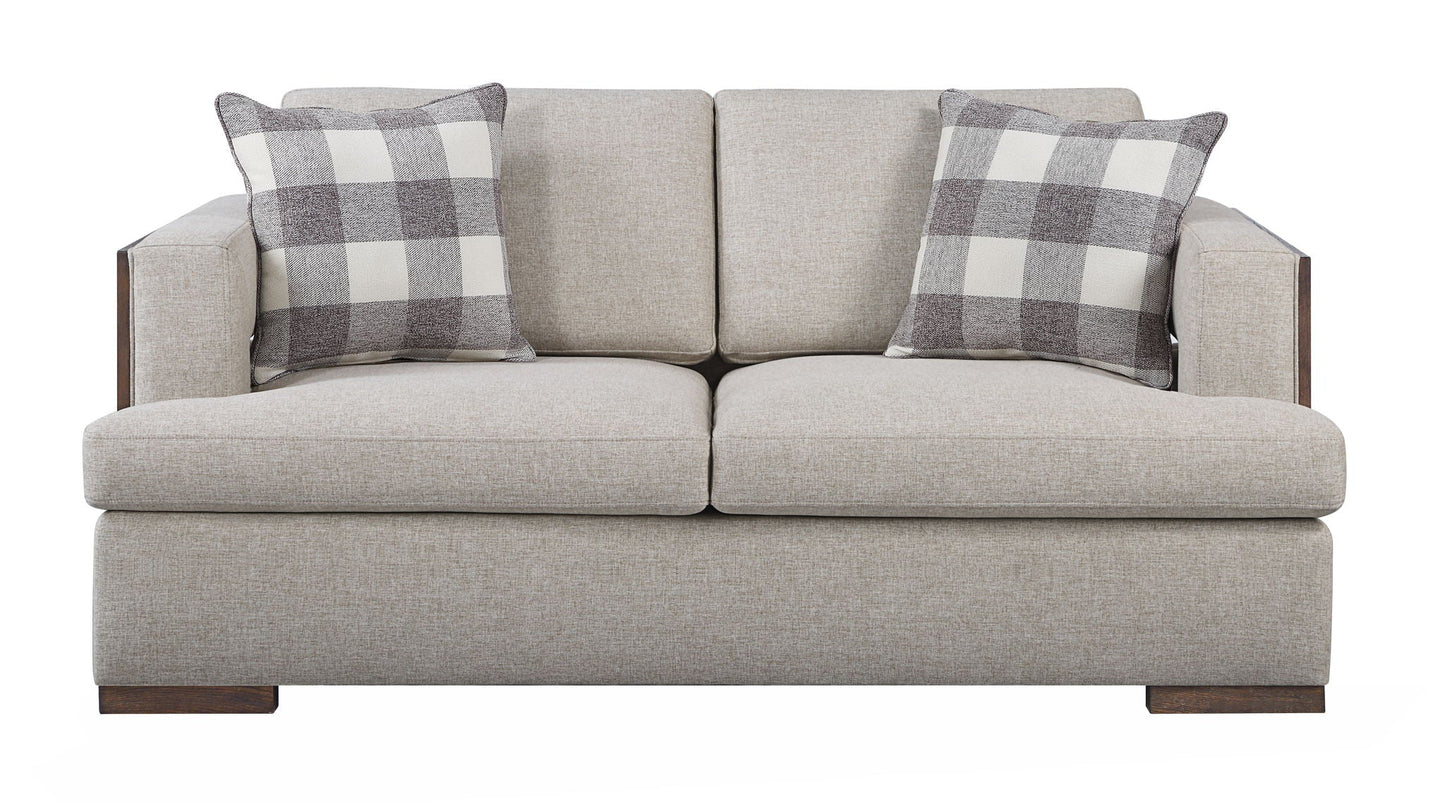 Niamey Loveseat With 2 Toss Pillows - Walnut, beige upholstery, walnut wood legs on Tampa Home & Garden Store
