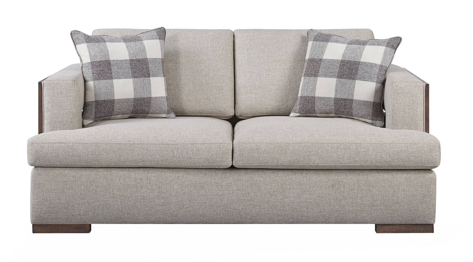 Niamey Loveseat With 2 Toss Pillows - Walnut, beige upholstery, walnut wood legs on Tampa Home & Garden Store
