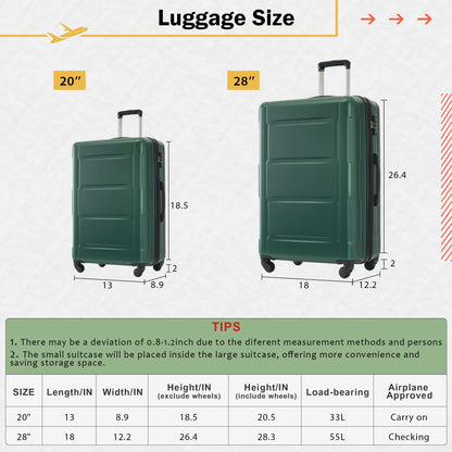 HouseOfZazla 2-piece luggage set with 20in and 28in suitcases, teal green, spinner wheels, TSA lock on Tampa Home & Garden Store