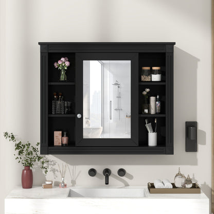 Black Wall Cabinet with Mirror and Open Shelves