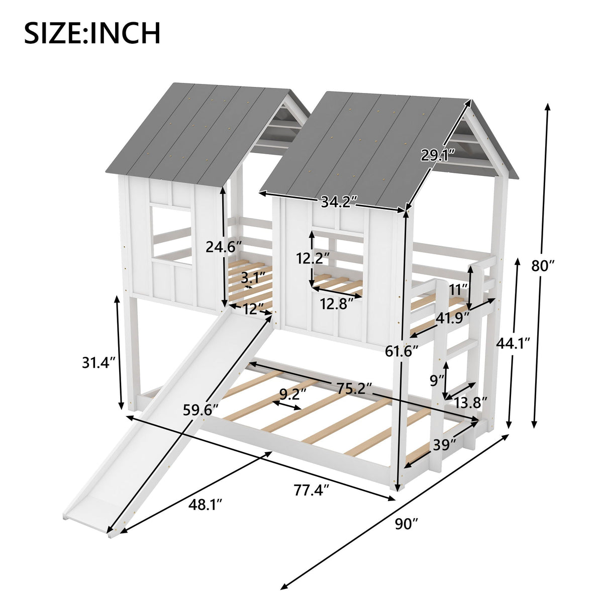 Twin over twin bunk bed with slide and windows, white/gray by HouseOfZazla on Tampa Home & Garden Store