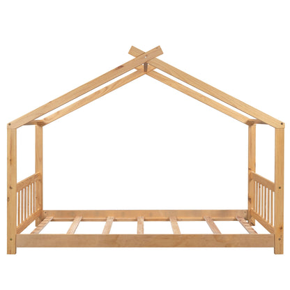 Platform bed frame with roof peak, natural pine, headboard and footboard by HouseOfZazla on Tampa Home & Garden Store