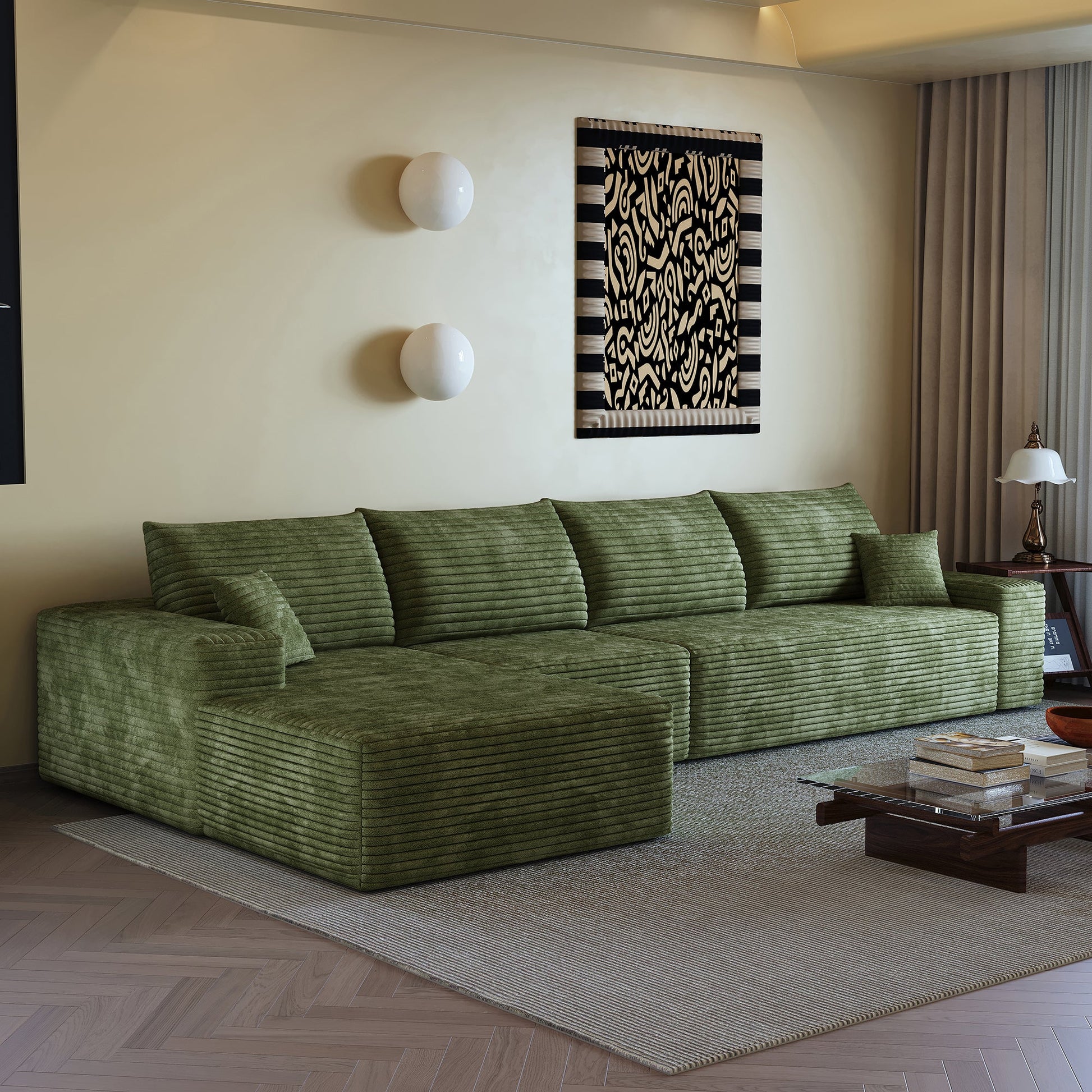 135 inch Cloud Sectional Couch with L-Shape Chaise in green corduroy upholstery on Tampa Home & Garden Store