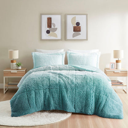 HouseOfZazla full/queen ombre shaggy long fur comforter set in teal blue on Tampa Home & Garden Store