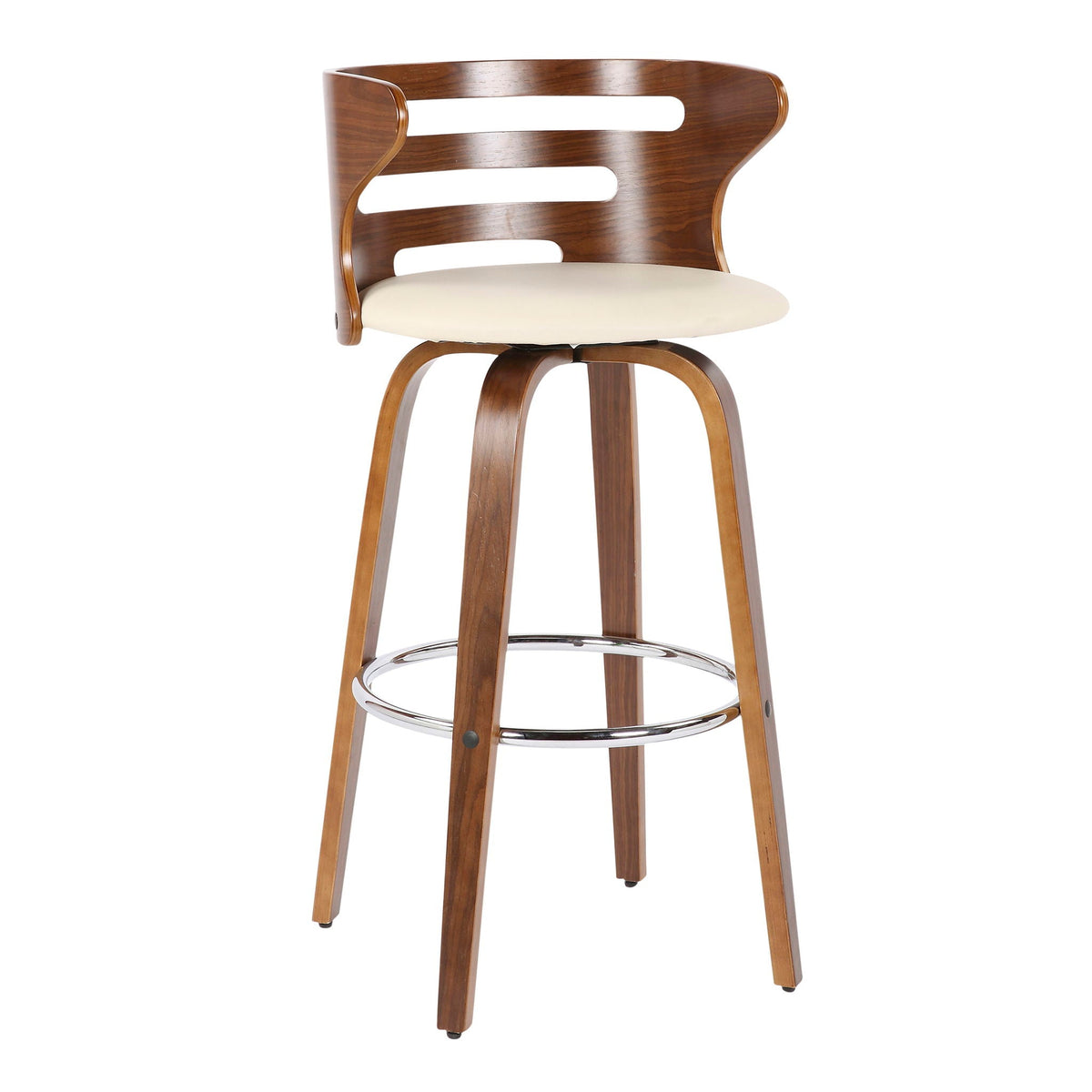 Mid-century fixed-height swivel barstool pair with curved wood back and beige upholstered seats on Tampa Home & Garden Store