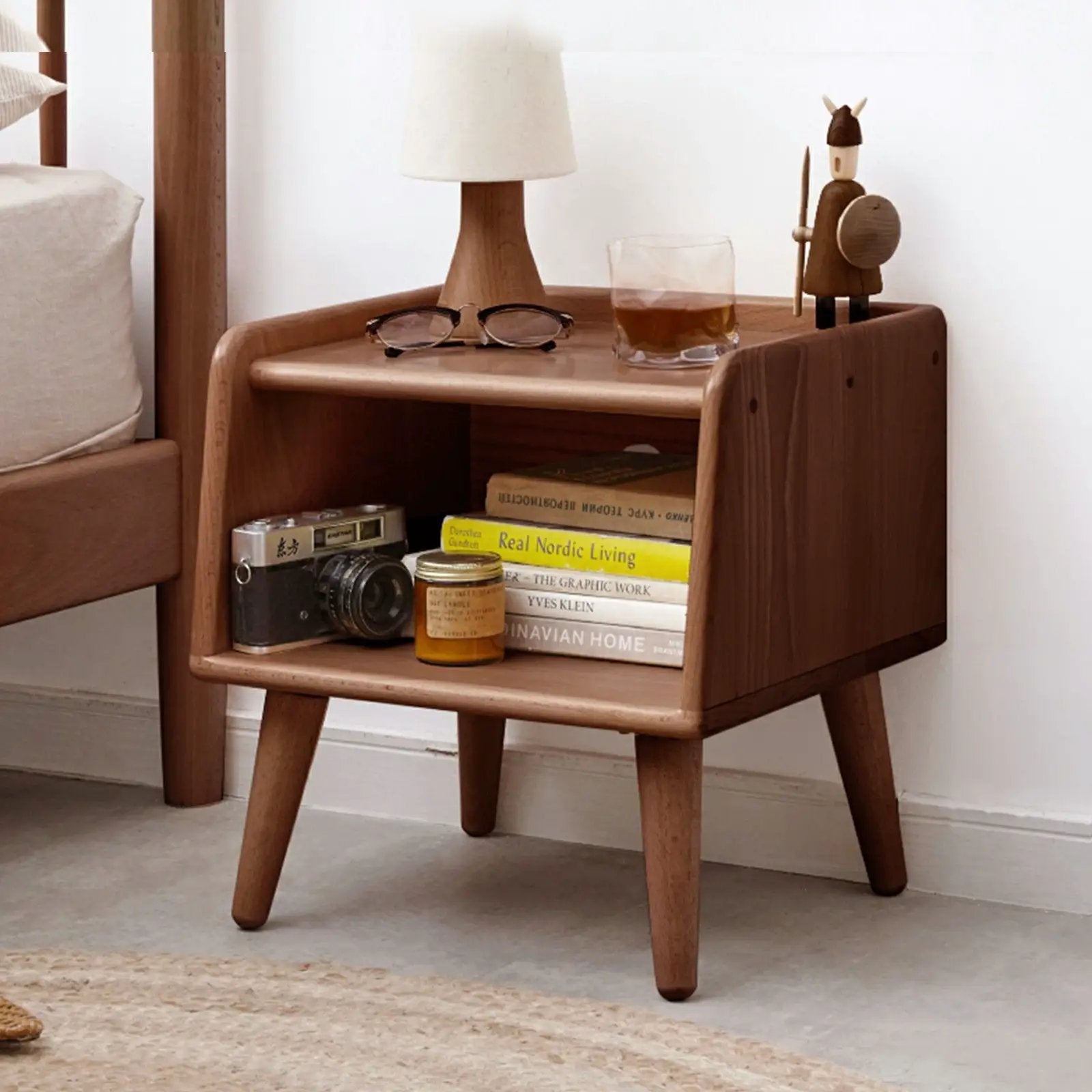 Bedside cabinet by Unique Piece Furniture in beech; lamp, glasses and books on shelf on Tampa Home & Garden Store