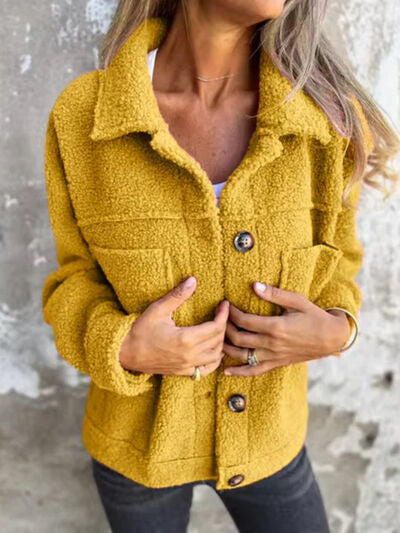 Comfortable Modern Women Full Size Fuzzy Button-Up Jacket with Drop Shoulder and Pockets in mustard yellow on Tampa Home & Garden Store