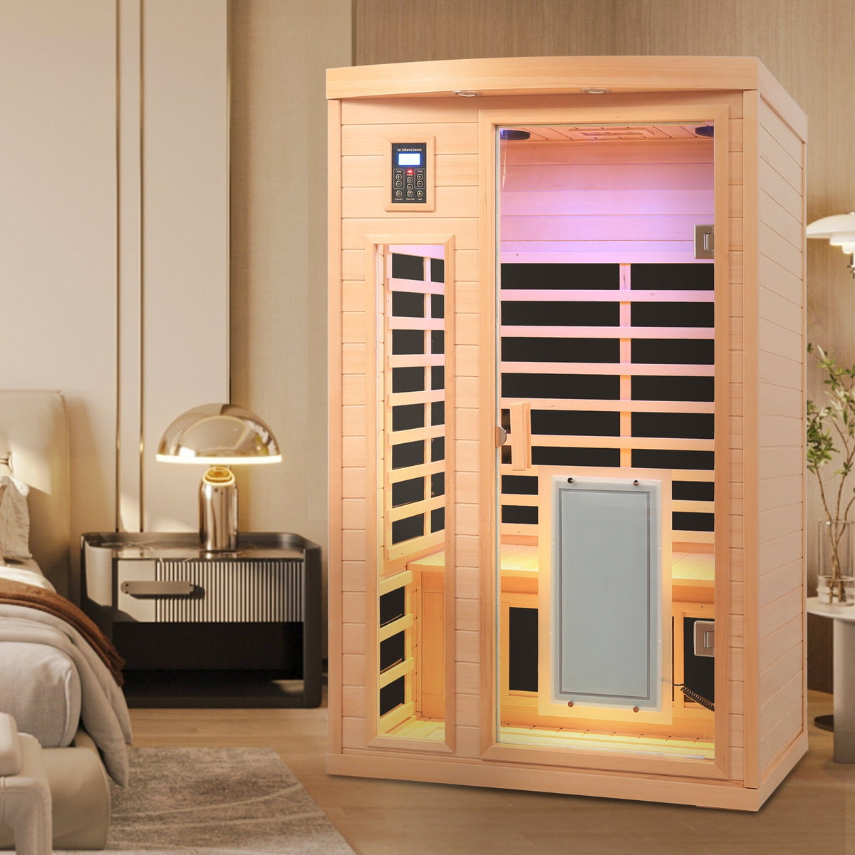 Two-person hemlock wood infrared sauna with Bluetooth, EMF low, natural finish on Tampa Home & Garden Store