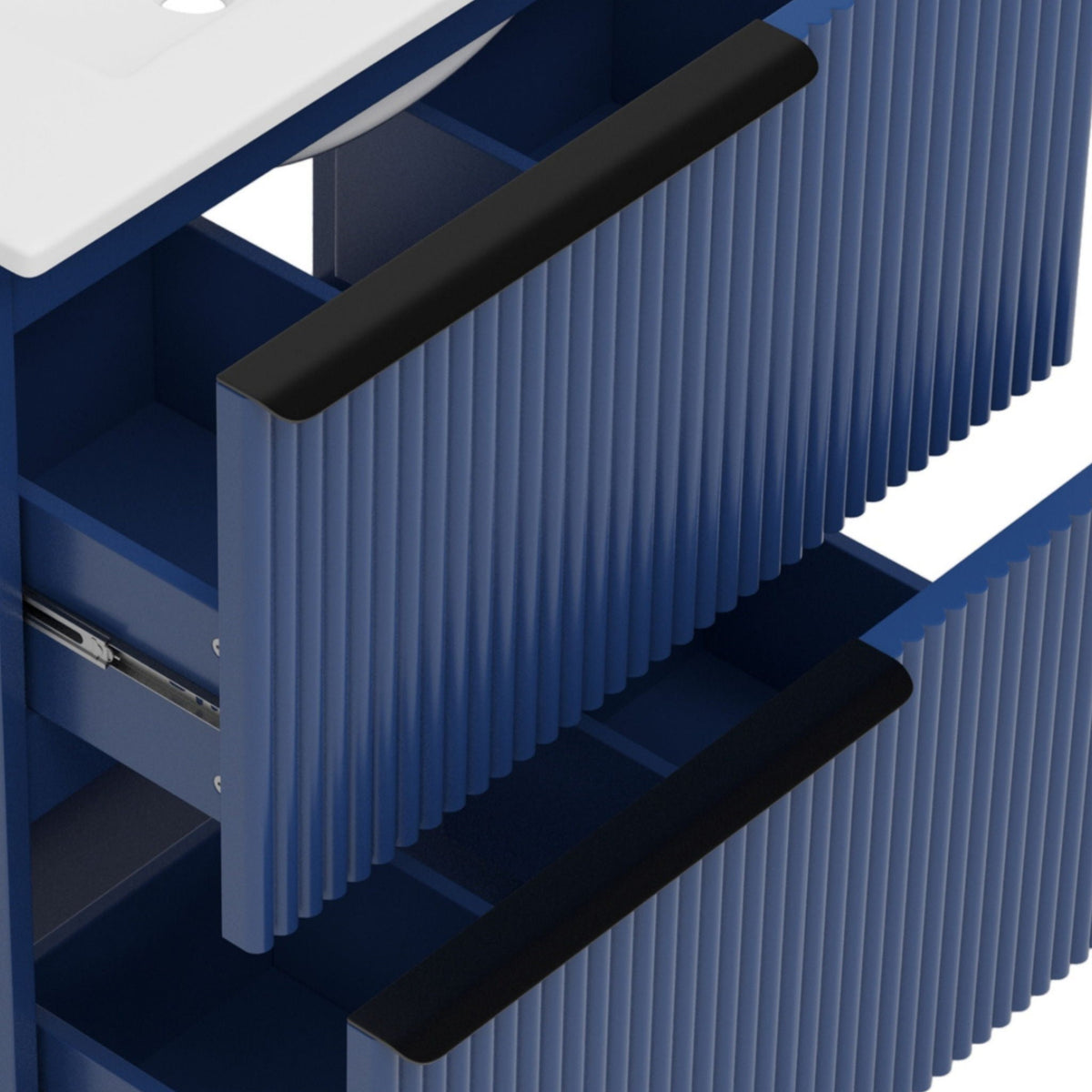 Fluted blue bathroom vanity with white ceramic sink top, HouseOfZazla vanities on Tampa Home & Garden Store