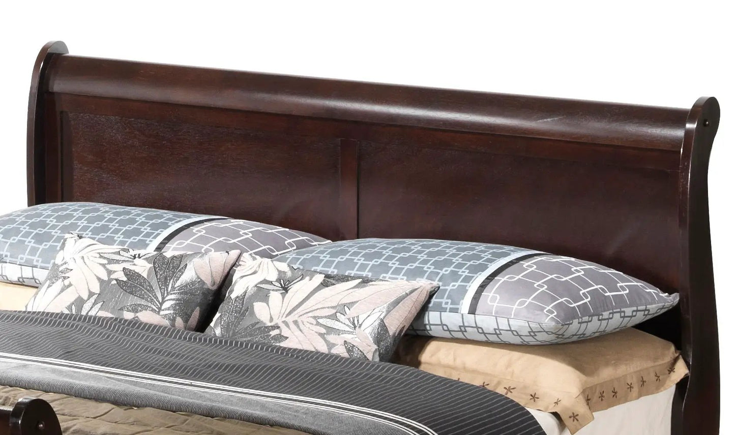 Louis Phillipe Panel Sleigh Bed dark walnut wood headboard with gray patterned bedding on Tampa Home & Garden Store