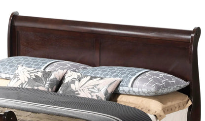Louis Phillipe Panel Sleigh Bed dark walnut wood headboard with gray patterned bedding on Tampa Home & Garden Store