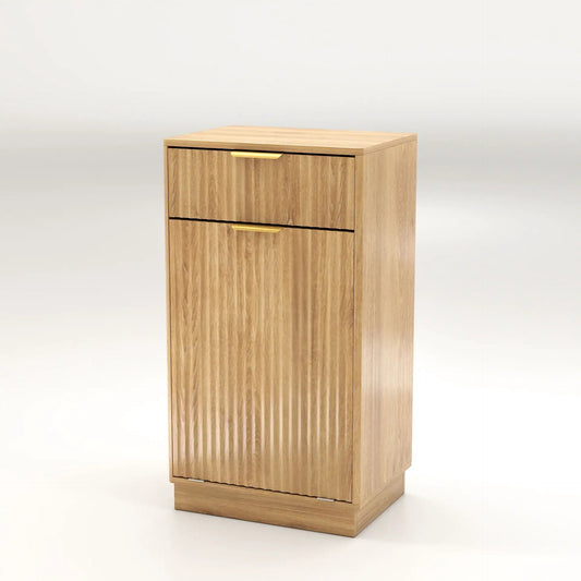 Tilt Out Trash Can Cabinet with wave-textured drawer and pull-out bin in light oak on Tampa Home & Garden Store