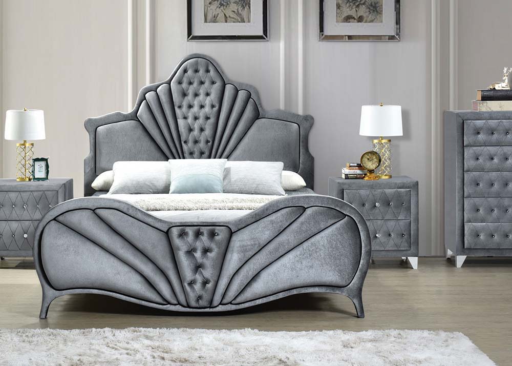 Dante Queen Upholstered Bed and Gray Velvet
