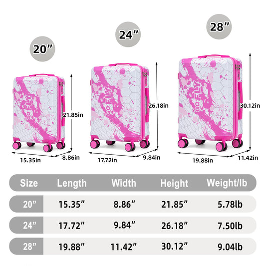 Pink 3-Piece Spinner Wheel Luggage Set, hard case 20/24/28 splatter pattern by HouseOfZazla on Tampa Home & Garden Store