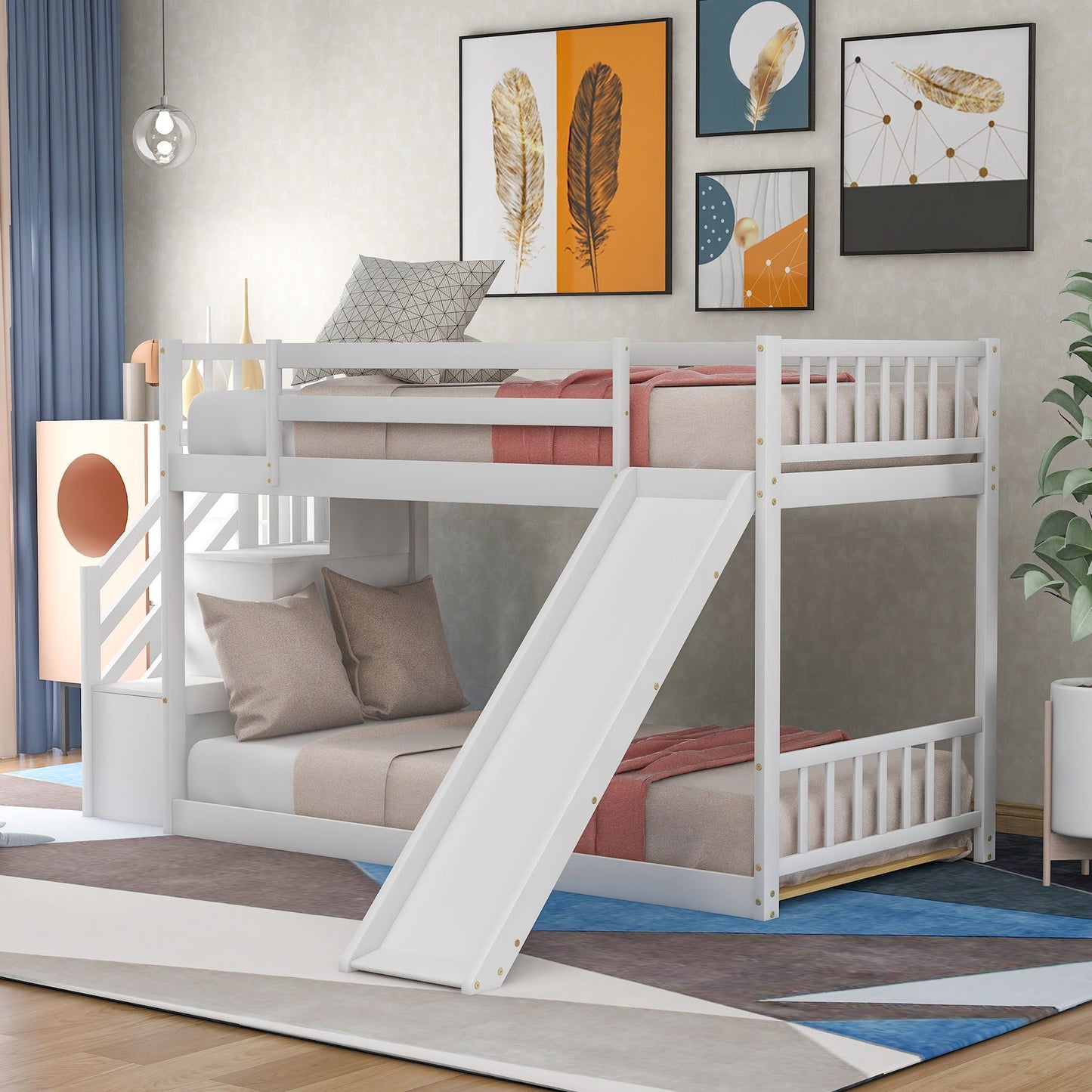 Bunk Bed With Convertible Slide And Stairway, white wood finish, HouseOfZazla bunk beds on Tampa Home & Garden Store