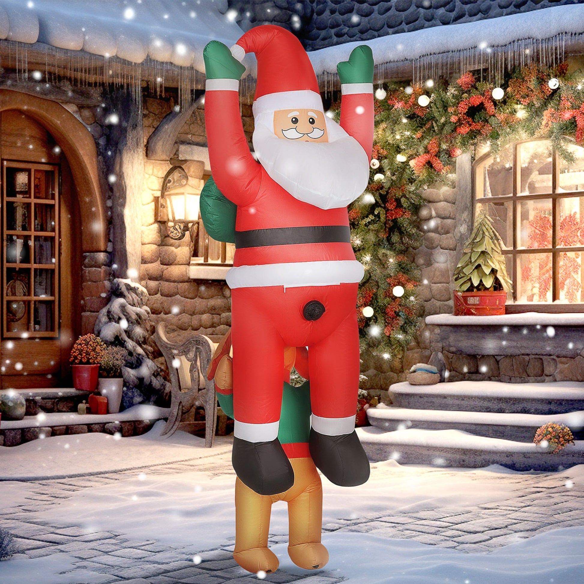 7ft Hanging Christmas Inflatable Santa with Dog by HouseOfZazla, red suit, green mittens on Tampa Home & Garden Store