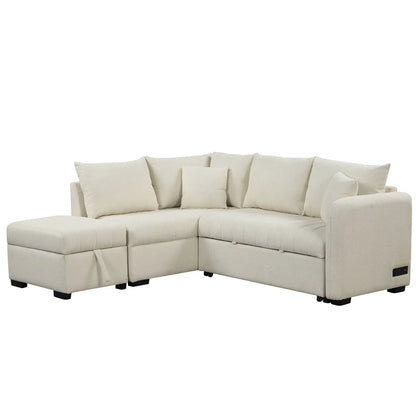 L-shaped sleeper sectional sofa bed in beige fabric with USB ports and storage ottoman on Tampa Home & Garden Store