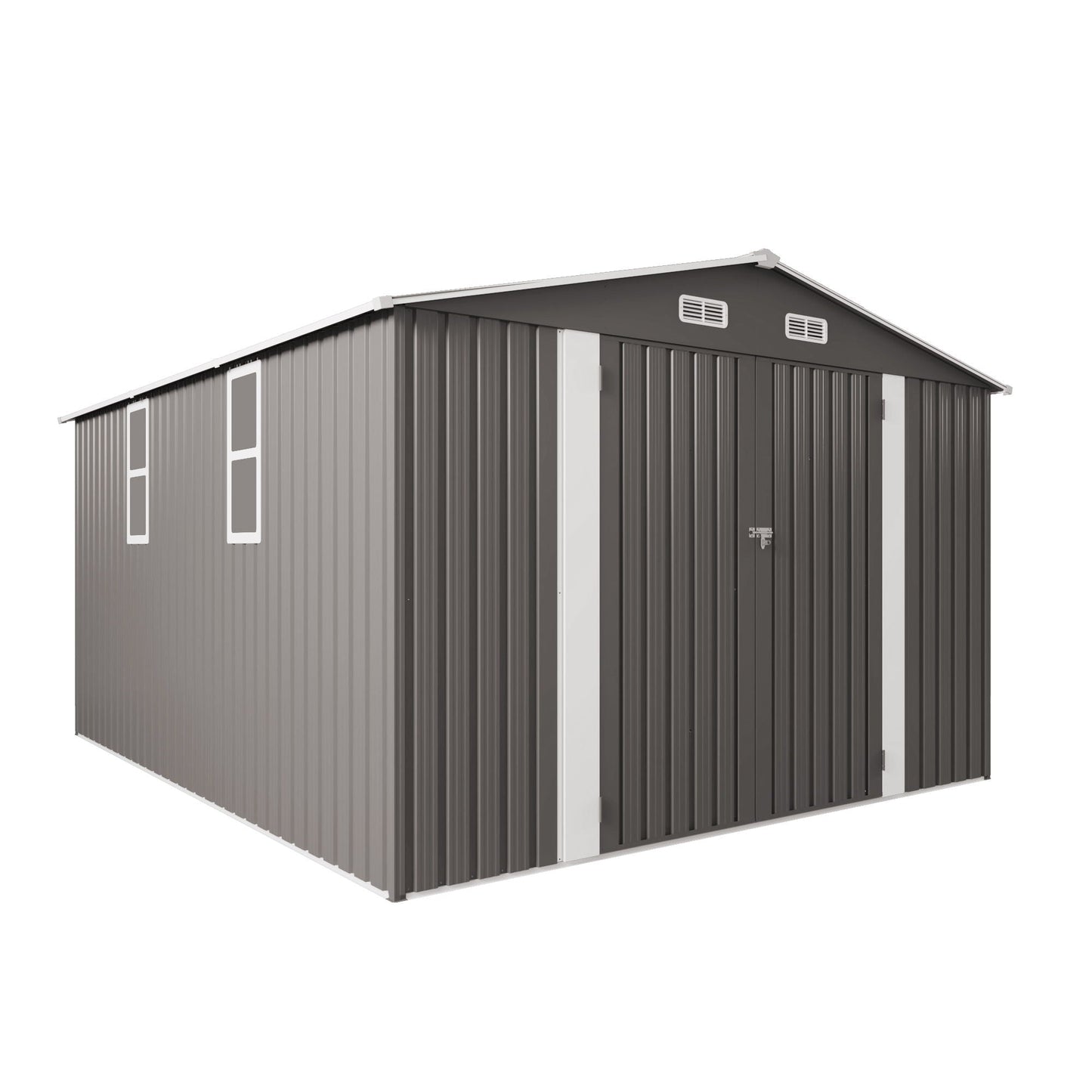Large outdoor storage shed with lockable door and air vent, gray metal panels on Tampa Home & Garden Store