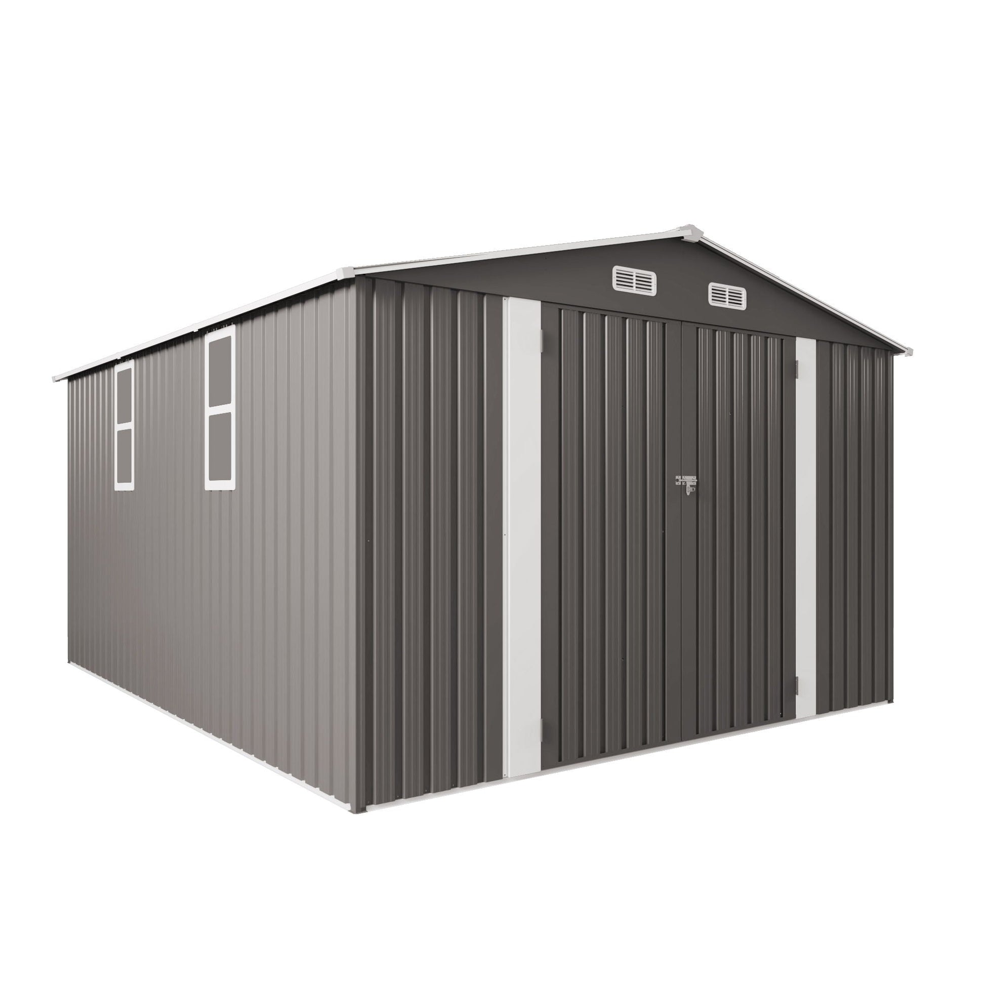 Large outdoor storage shed with lockable door and air vent, gray metal panels on Tampa Home & Garden Store