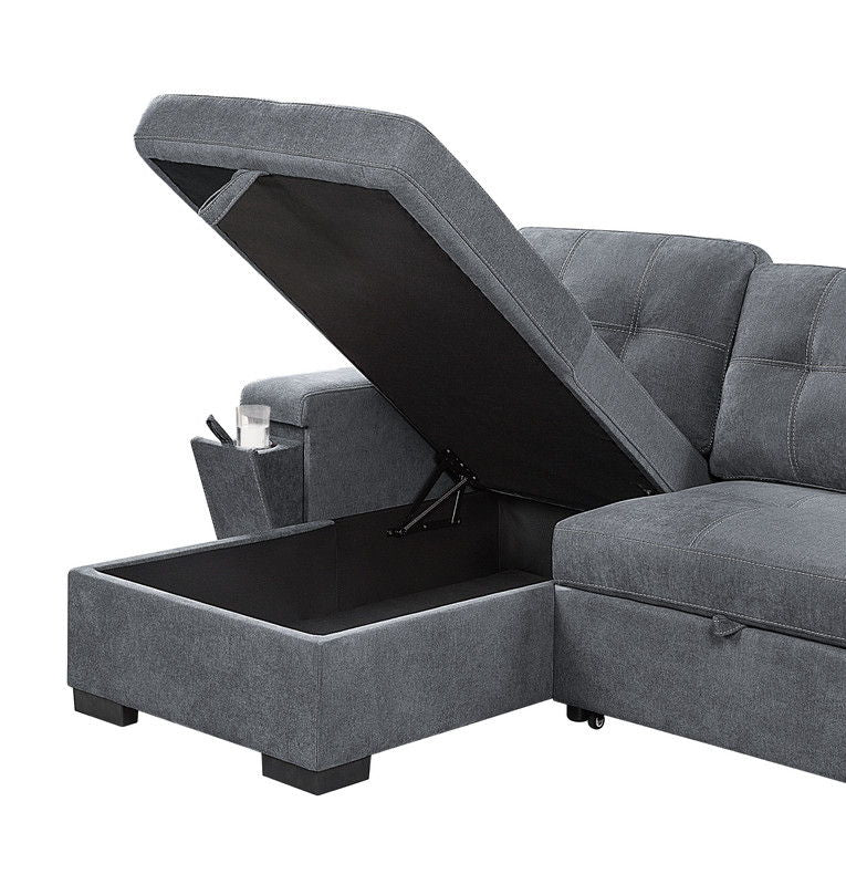 Toby gray woven fabric reversible sleeper sectional with storage chaise and cup holder on Tampa Home & Garden Store