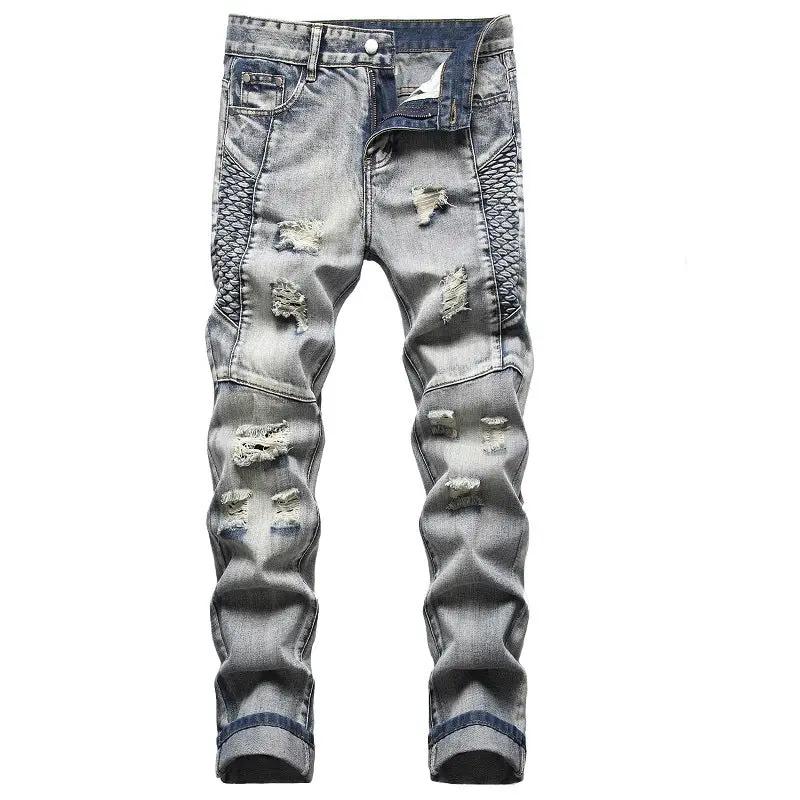 Men's distressed denim jeans with light wash, ripped knees and ribbed side panels on Tampa Home & Garden Store