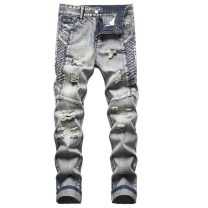 Men's distressed denim jeans with light wash, ripped knees and ribbed side panels on Tampa Home & Garden Store