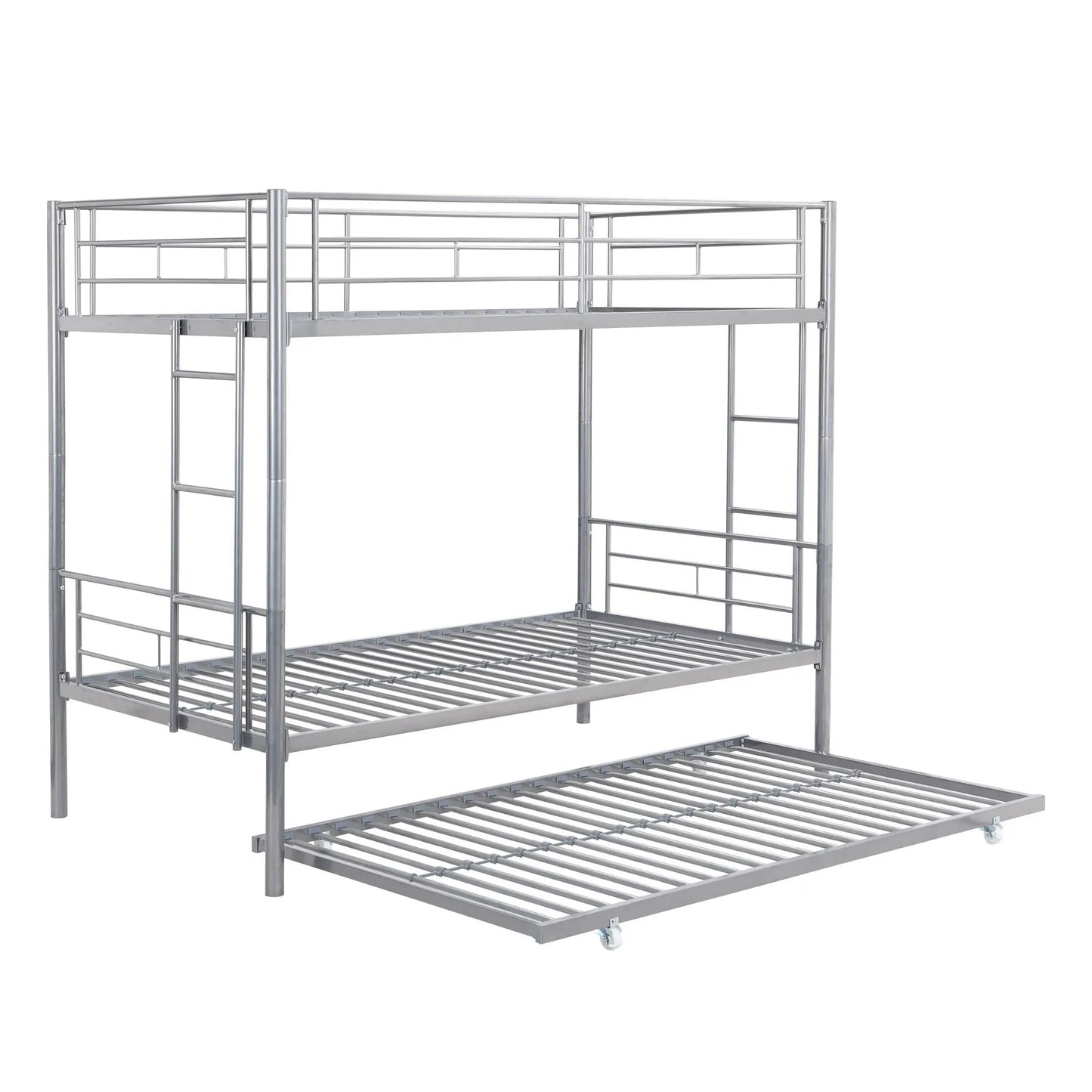 Metal bunk bed frame with trundle, twin over twin, chrome, ladder on left, slatted base, on Tampa Home & Garden Store