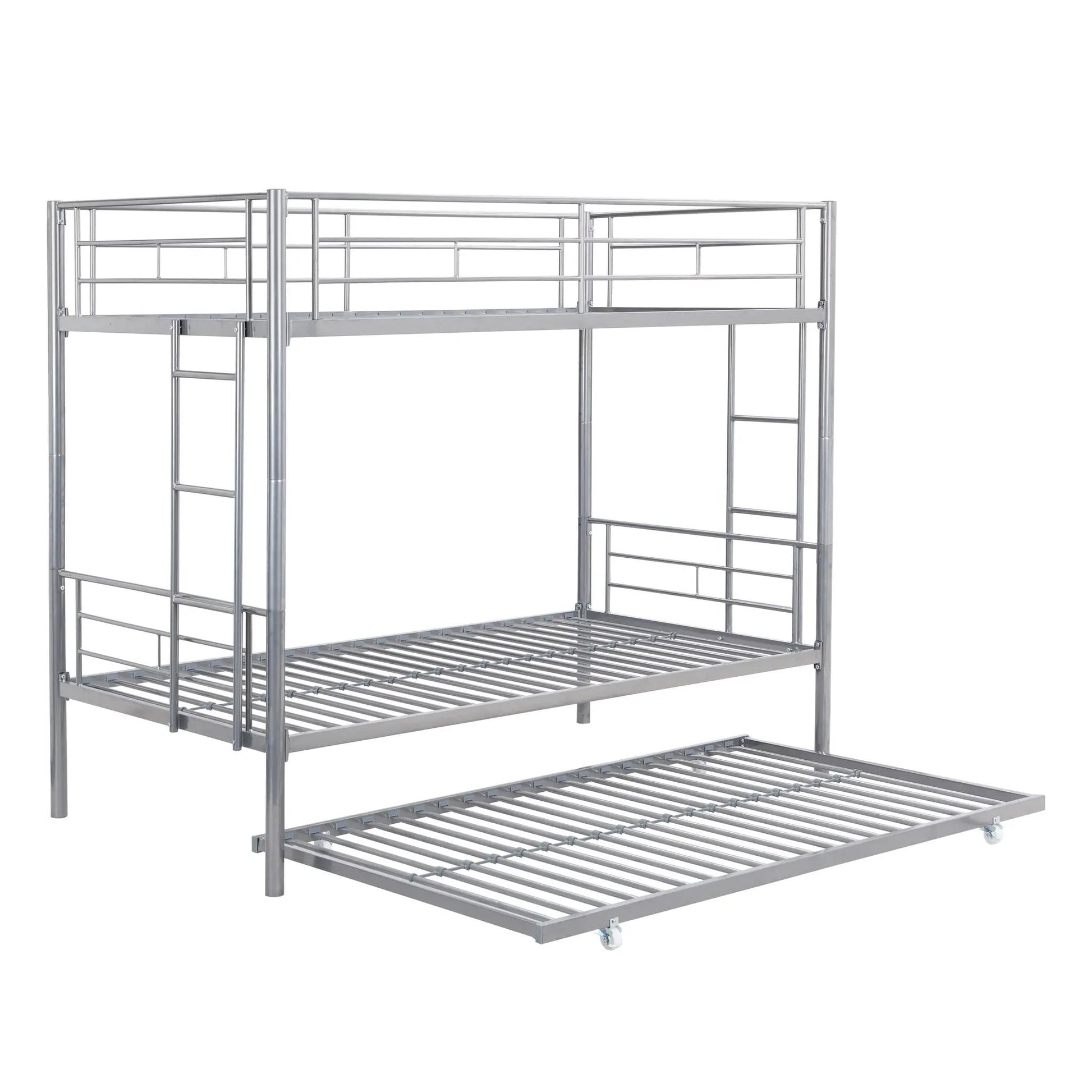 Metal bunk bed frame with trundle, twin over twin, chrome, ladder on left, slatted base, on Tampa Home & Garden Store