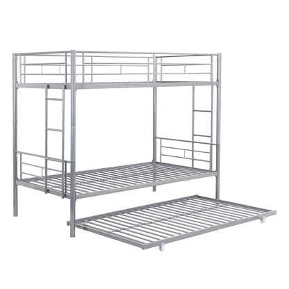 Metal bunk bed frame with trundle, twin over twin, chrome, ladder on left, slatted base, on Tampa Home & Garden Store