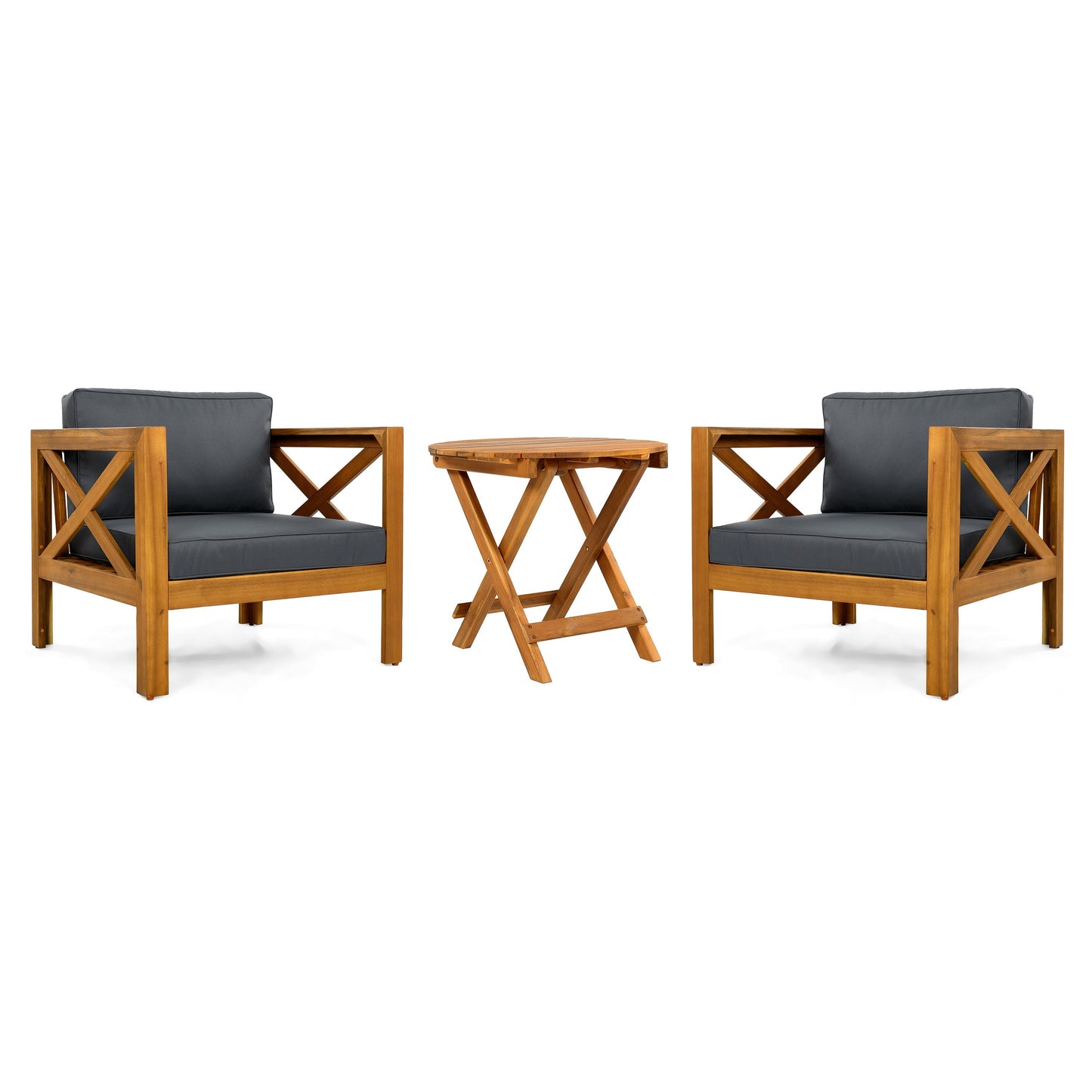 Patio conversation set with 2 cushioned club chairs and a foldable acacia table HouseOfZazla on Tampa Home & Garden Store