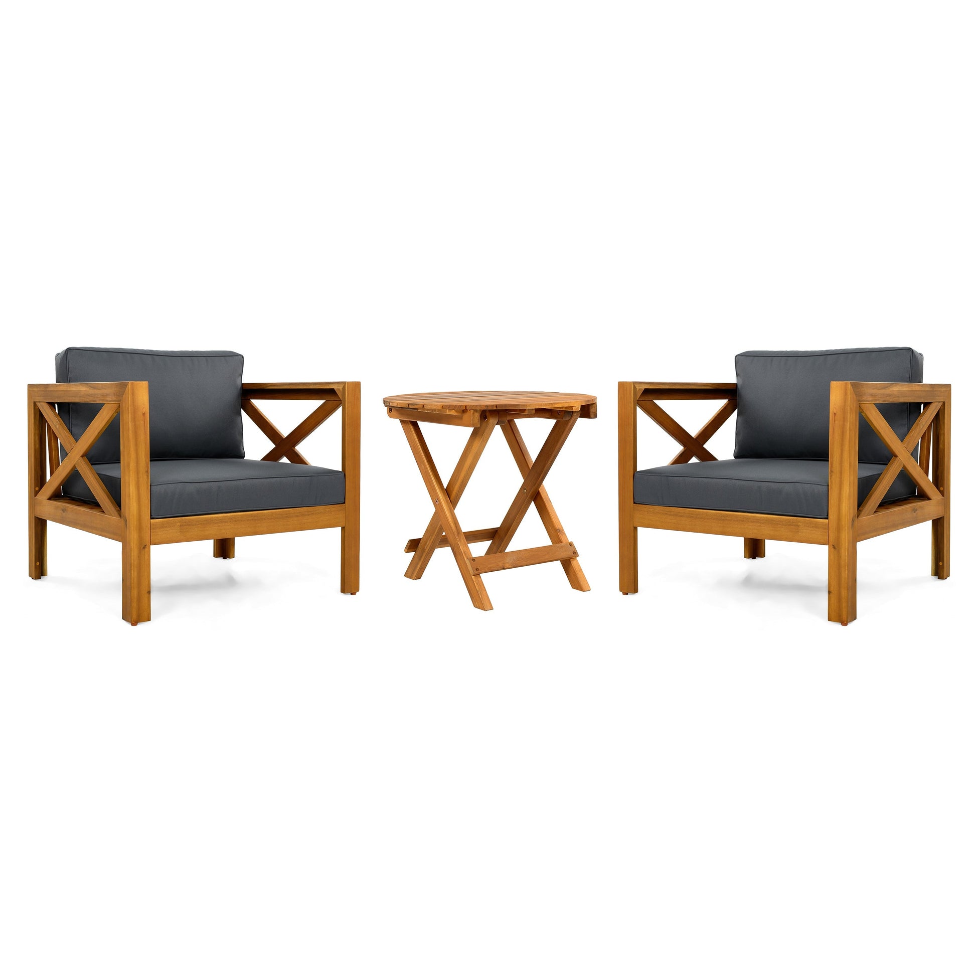 Patio conversation set with 2 cushioned club chairs and a foldable acacia table HouseOfZazla on Tampa Home & Garden Store