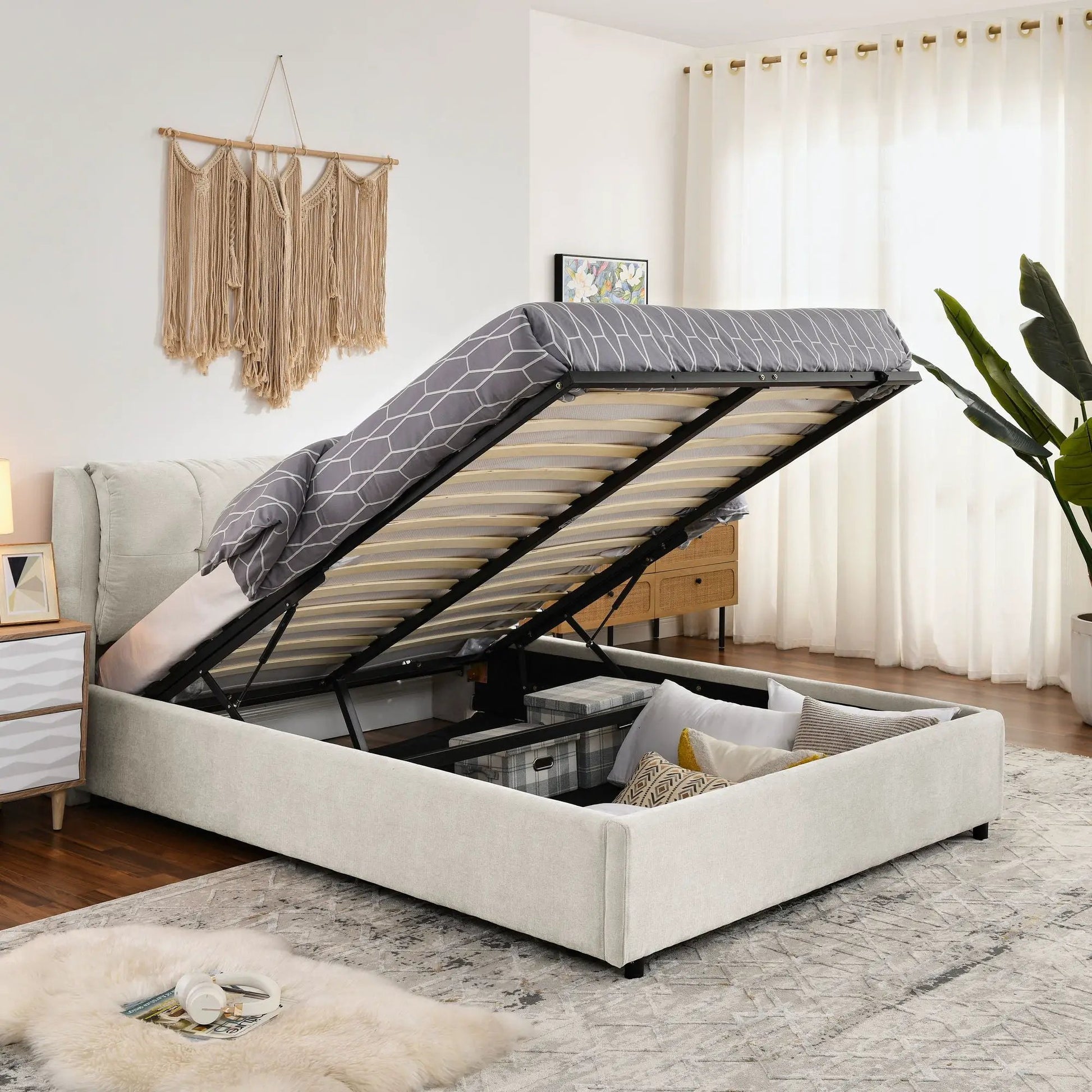 Storage upholstered hydraulic platform bed with integrated headboard in light gray fabric on Tampa Home & Garden Store