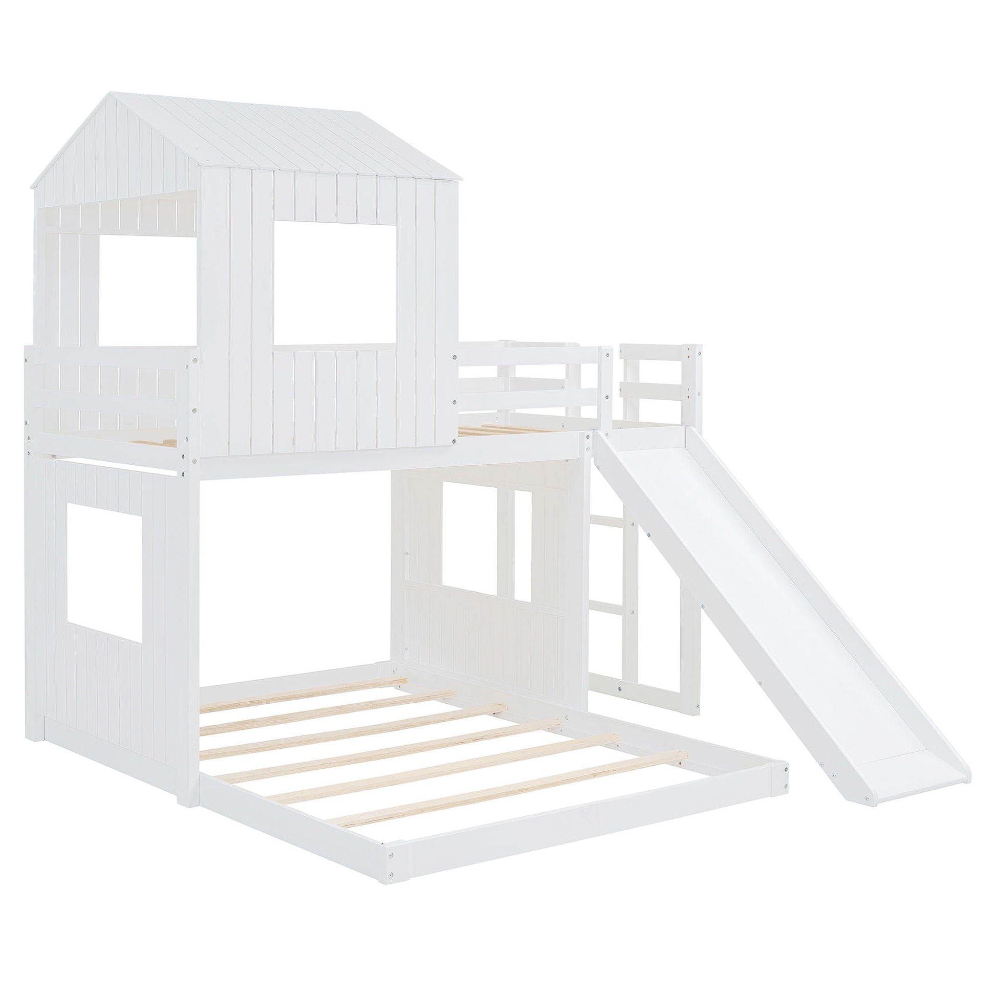 Loft bunk bed with playhouse top in white, farmhouse style, with ladder, guardrails and slide on Tampa Home & Garden Store