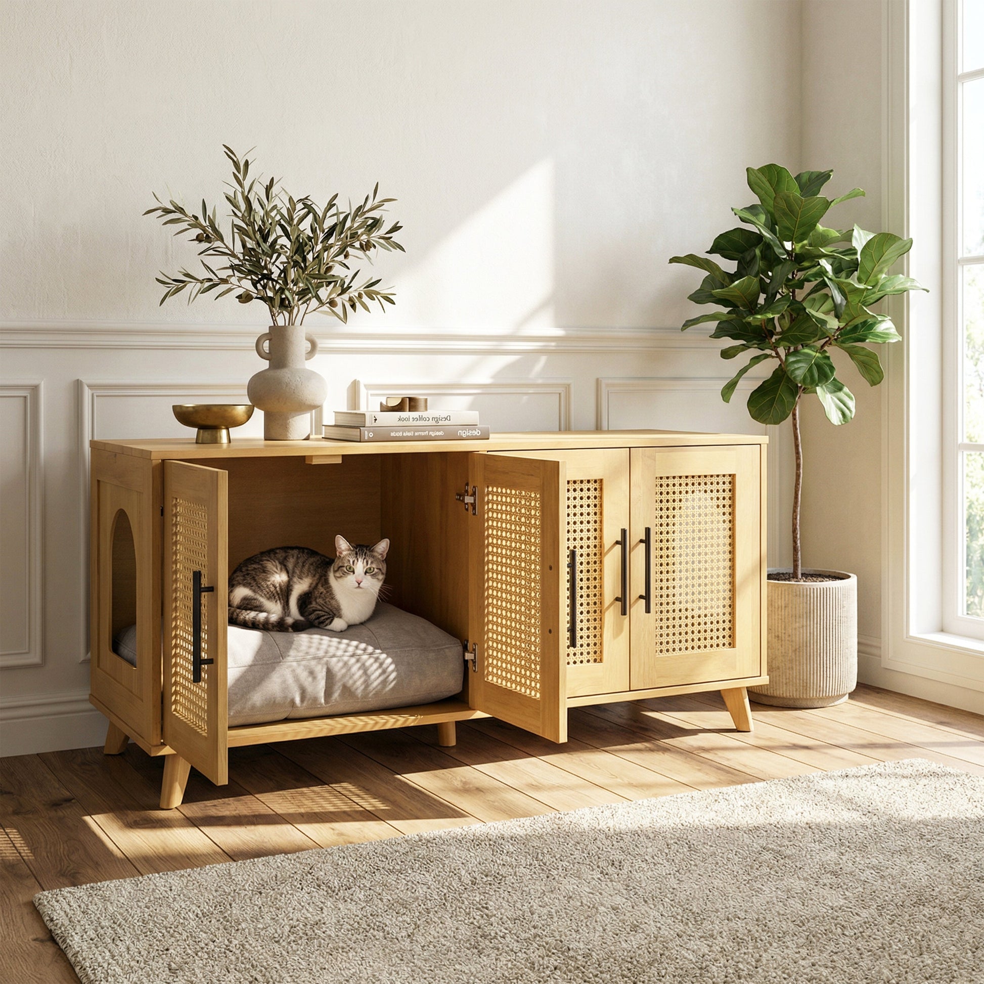 Myra Indoor Premium Rubber Wood Cat Cabinet with Plush Cushion; cats inside, woven front panels on Tampa Home & Garden Store