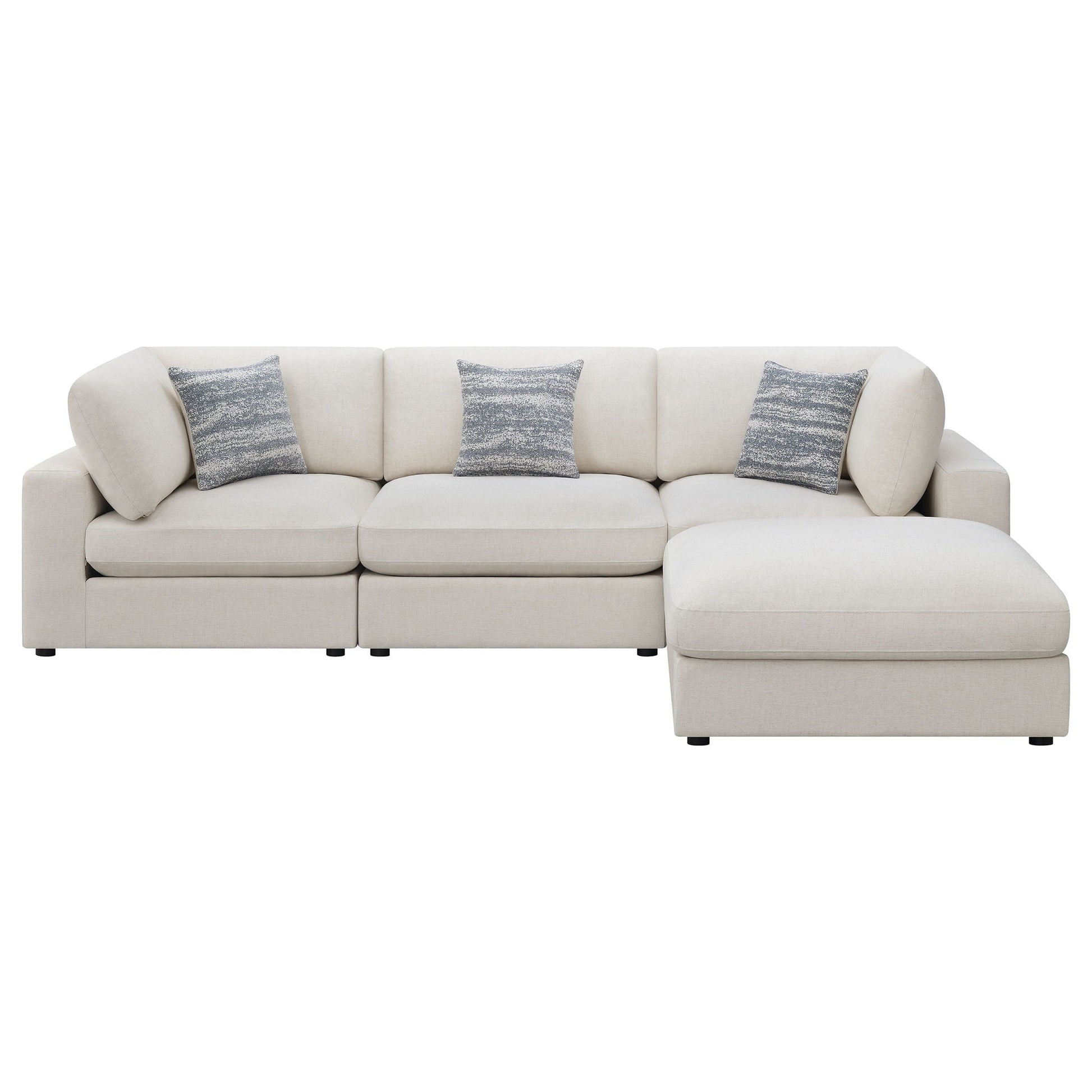 Rhette sectional, 2-piece living room set in light beige fabric with blue-gray pillows on Tampa Home & Garden Store
