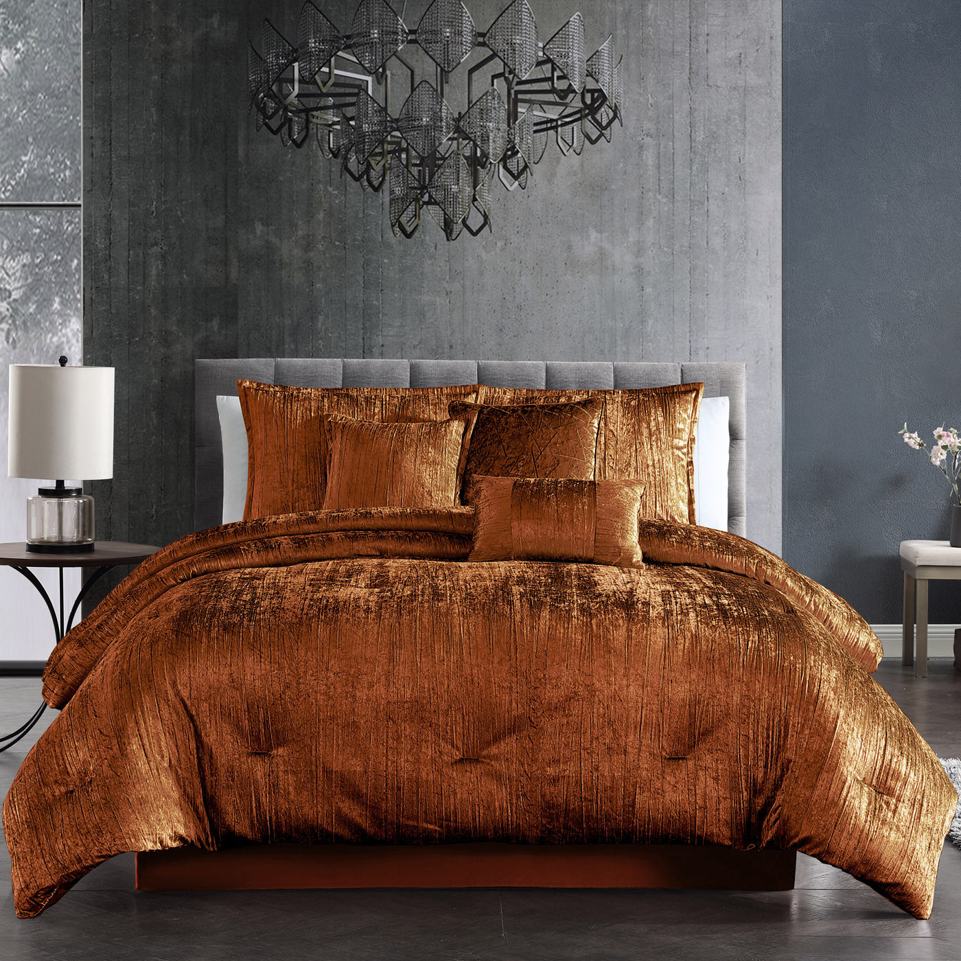 Turin 7 Piece Spice Crinkle Velvet Comforter Set copper velvet with shams on gray bed on Tampa Home & Garden Store