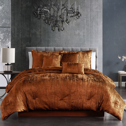 Turin 7 Piece Spice Crinkle Velvet Comforter Set copper velvet with shams on gray bed on Tampa Home & Garden Store