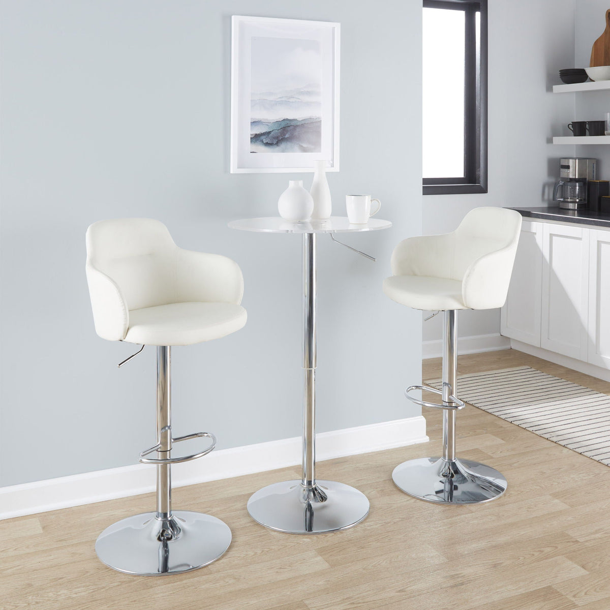 Adjustable Contemporary Bar Table with clear acrylic top, chrome pedestal, 3 white stools on Tampa Home & Garden Store