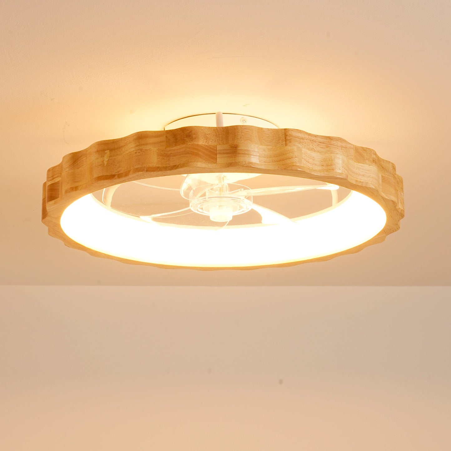 20-inch Plum Blossom flush mount ceiling fan with lights and remote natural wood ring shade on Tampa Home & Garden Store