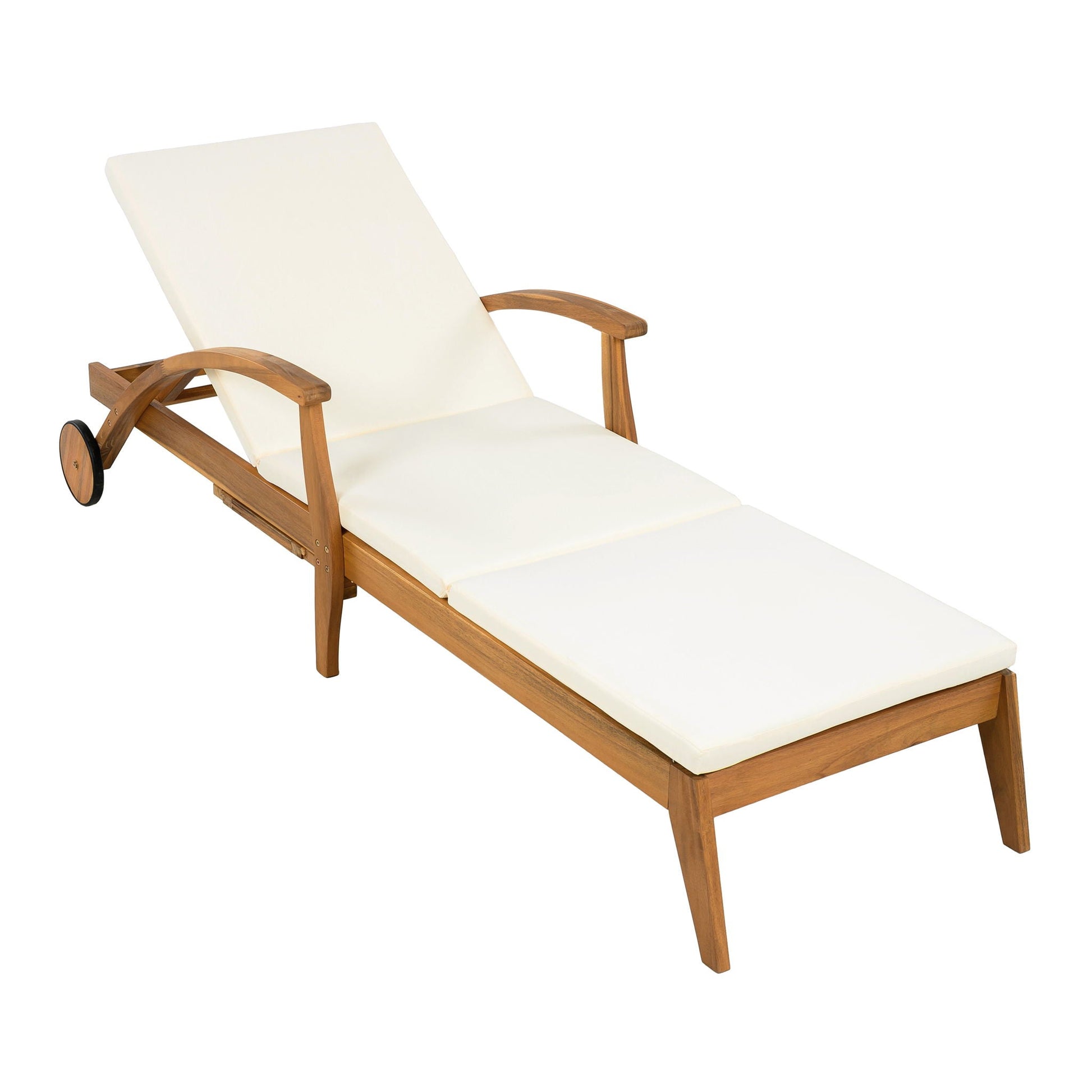 Chaise lounge with cream cushion, acacia wood frame and wheels by HouseOfZazla on Tampa Home & Garden Store