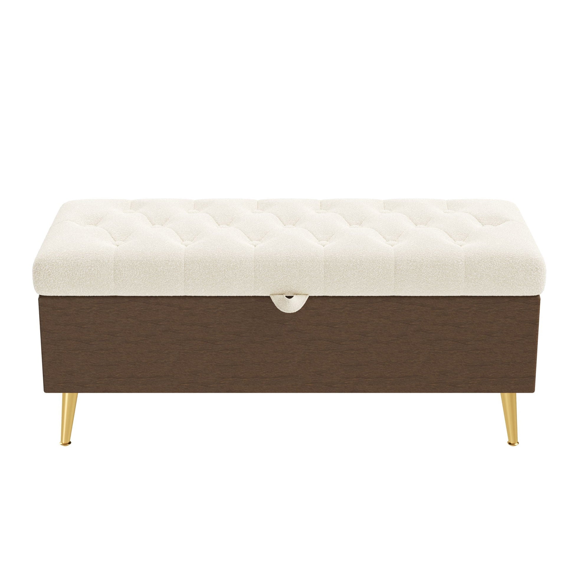 Modern Tufted Storage Ottoman Bench white fabric, dark wood base, gold legs HouseOfZazla on Tampa Home & Garden Store
