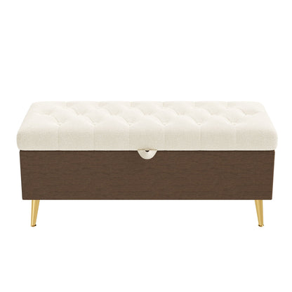 Modern Tufted Storage Ottoman Bench white fabric, dark wood base, gold legs HouseOfZazla on Tampa Home & Garden Store
