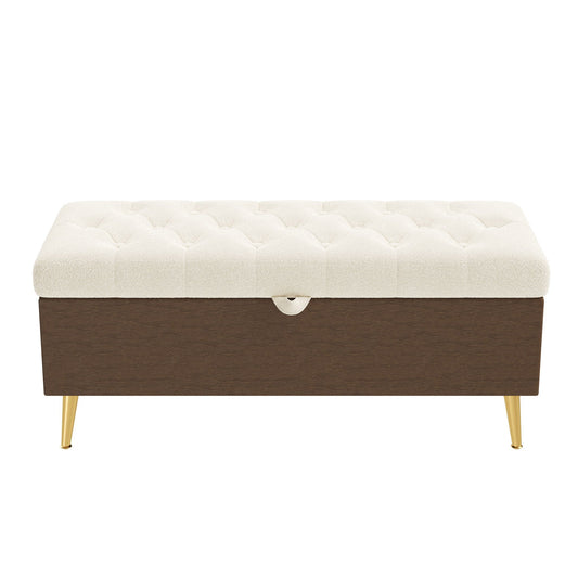 Modern Tufted Storage Ottoman Bench white fabric, dark wood base, gold legs HouseOfZazla on Tampa Home & Garden Store