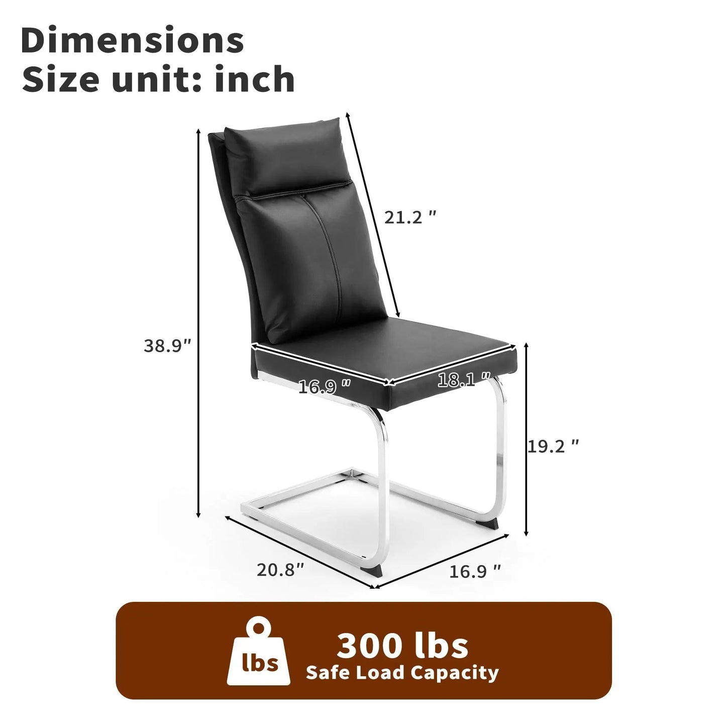 Modern dining chair set with cushioned backrest, black faux leather, 2-piece with chrome legs on Tampa Home & Garden Store
