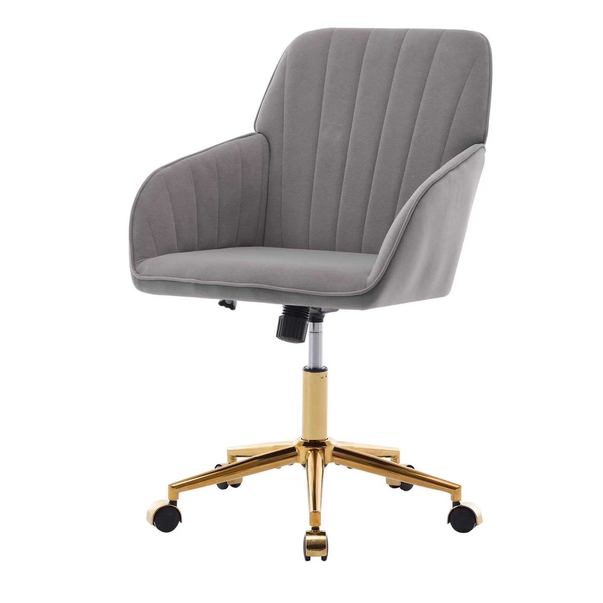Adjustable ergonomic swivel office chair in gray upholstery with padded back and seat gold base on Tampa Home & Garden Store
