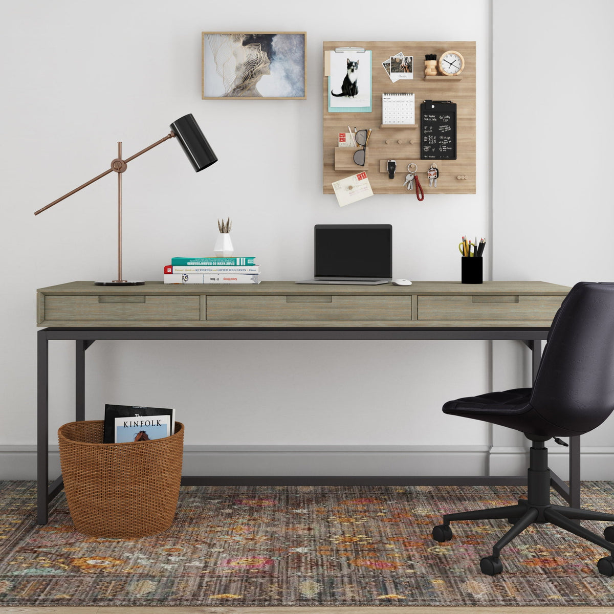 Mid Century Wide Writing Desk with Three Drawers HouseOfZazla, light oak, metal frame on Tampa Home & Garden Store
