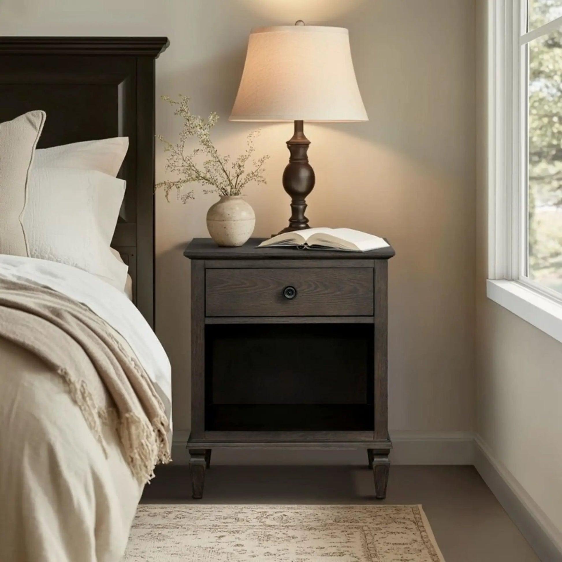 Victoria nightstand with open storage in dark wood by Unique Piece Furniture on Tampa Home & Garden Store