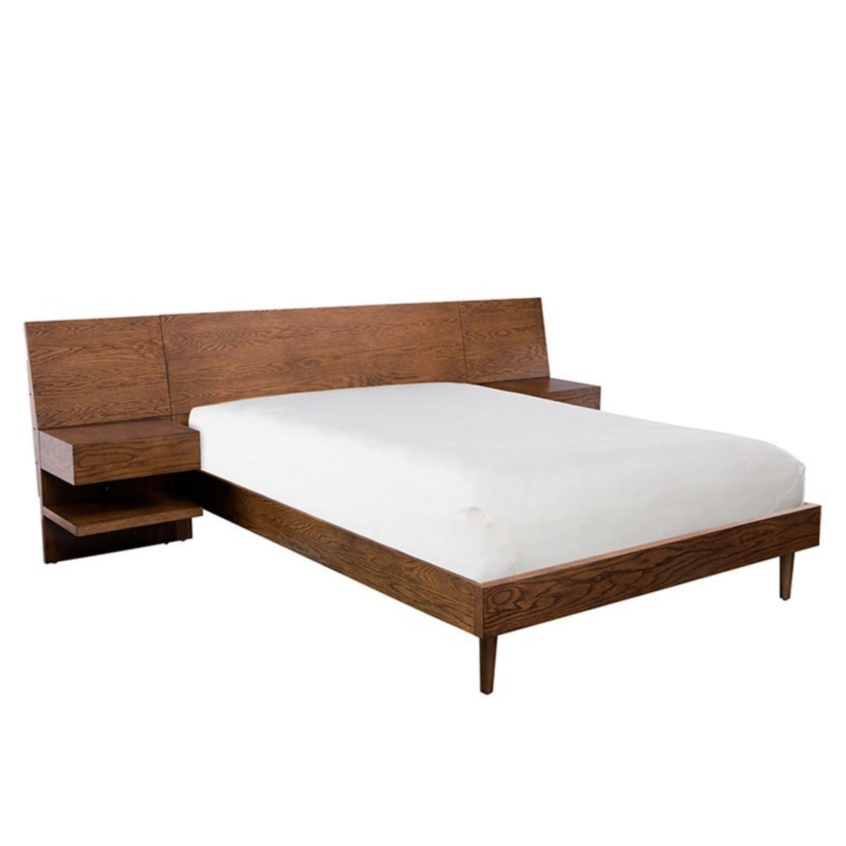 Queen size storage bed with attached nightstands in pecan finish, solid wood frame on Tampa Home & Garden Store