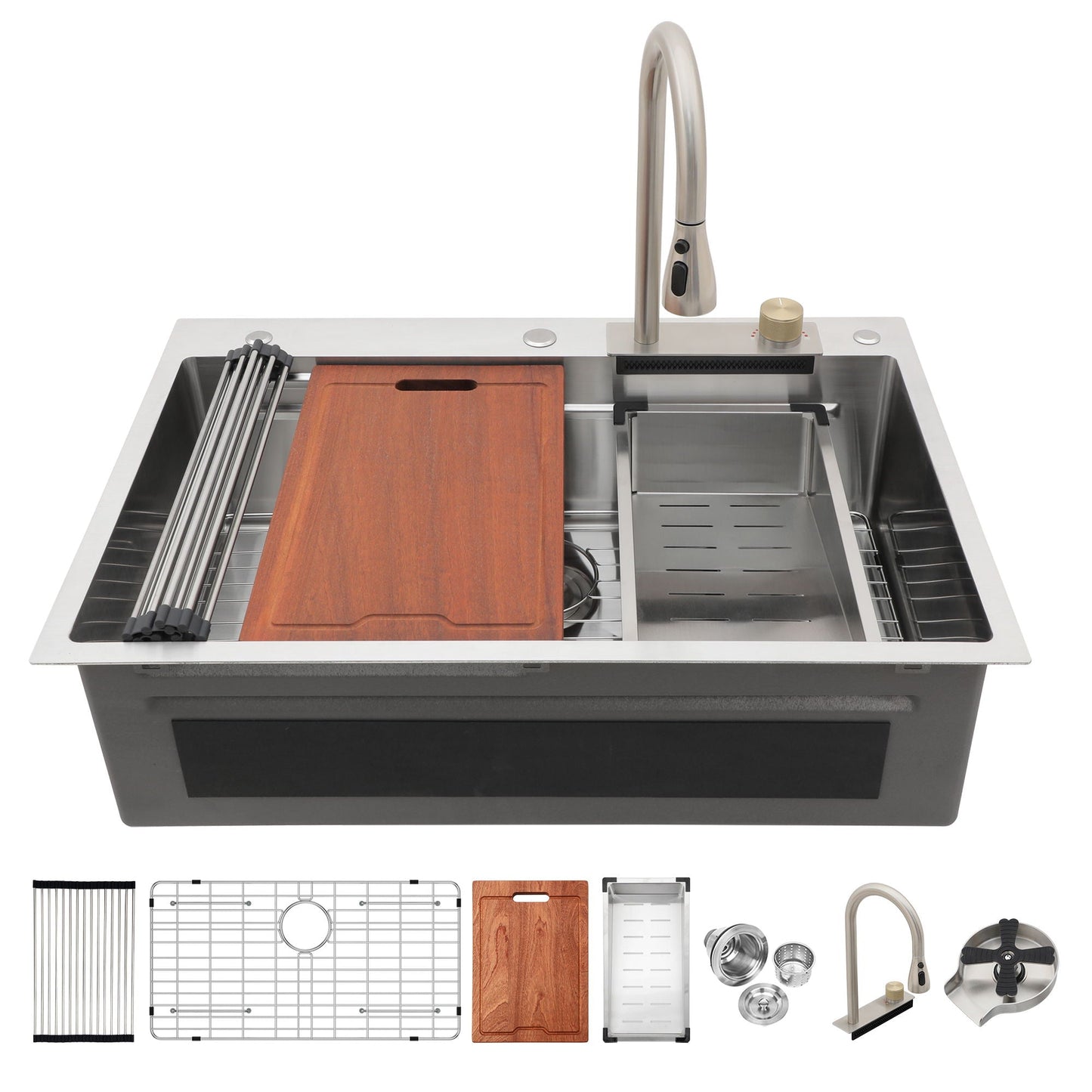 Brushed Waterfall Sink with Faucet and Cup Washer