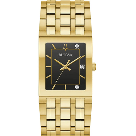 Bulova men's Quadra watch gold-tone stainless steel case and bracelet black dial with diamond accents on Tampa Home & Garden Store